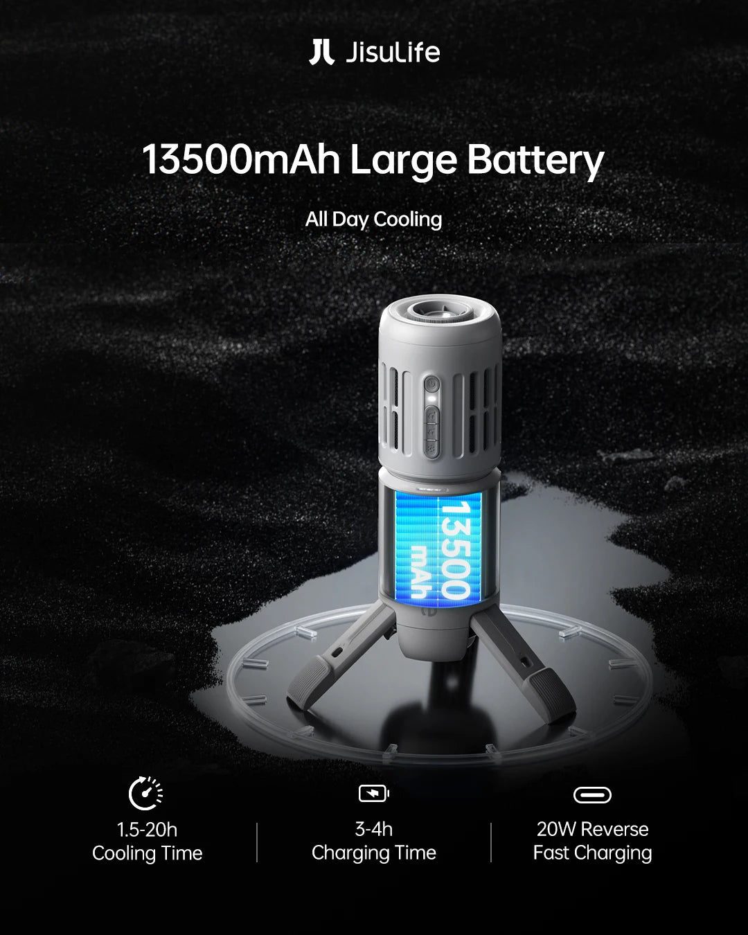 JISULIFE 3-v-1 prenosni brezžični stropni ventilatorski ventilator za kampiranje – ogromna baterija 13500 mAh