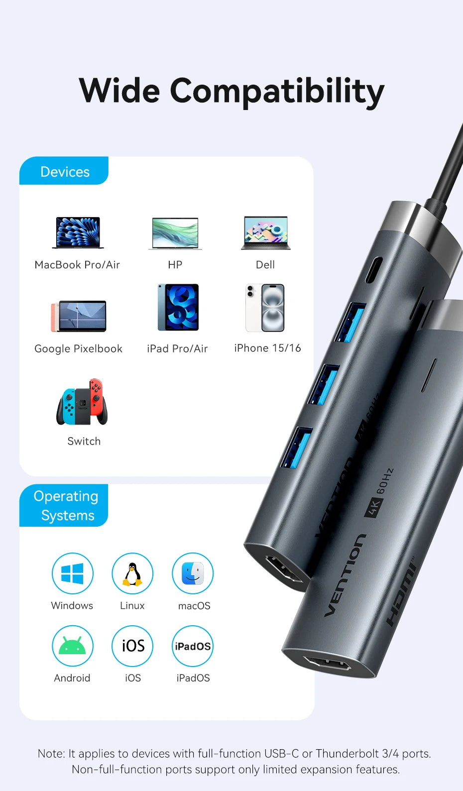 Vention 5-v-1 USB-C Hub | 4K60Hz HDMI, USB 3.0, PD100W Večportni priklop za MacBook & Android