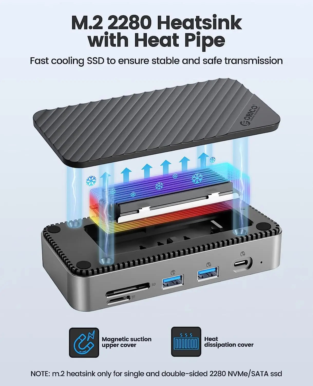 ORICO USB-C Hub priklopna postaja s hladilnim ventilatorjem, M.2 NVMe/SATA SSD ohišjem