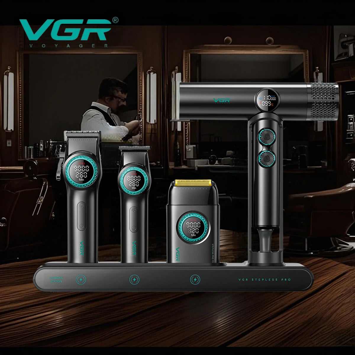 VGR Stepless Pro 4-in-1 Barber Set – 9000 RPM Clipper, Trimmer, Shaver & Dryer