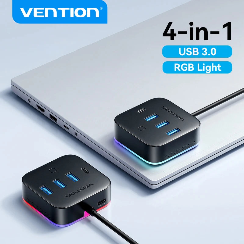 Vention USB 3.0 / USB-C 3.2 Gen1 RGB zvezdišče | 4-portni 5Gbps namizni razdelilnik za PC in prenosnik