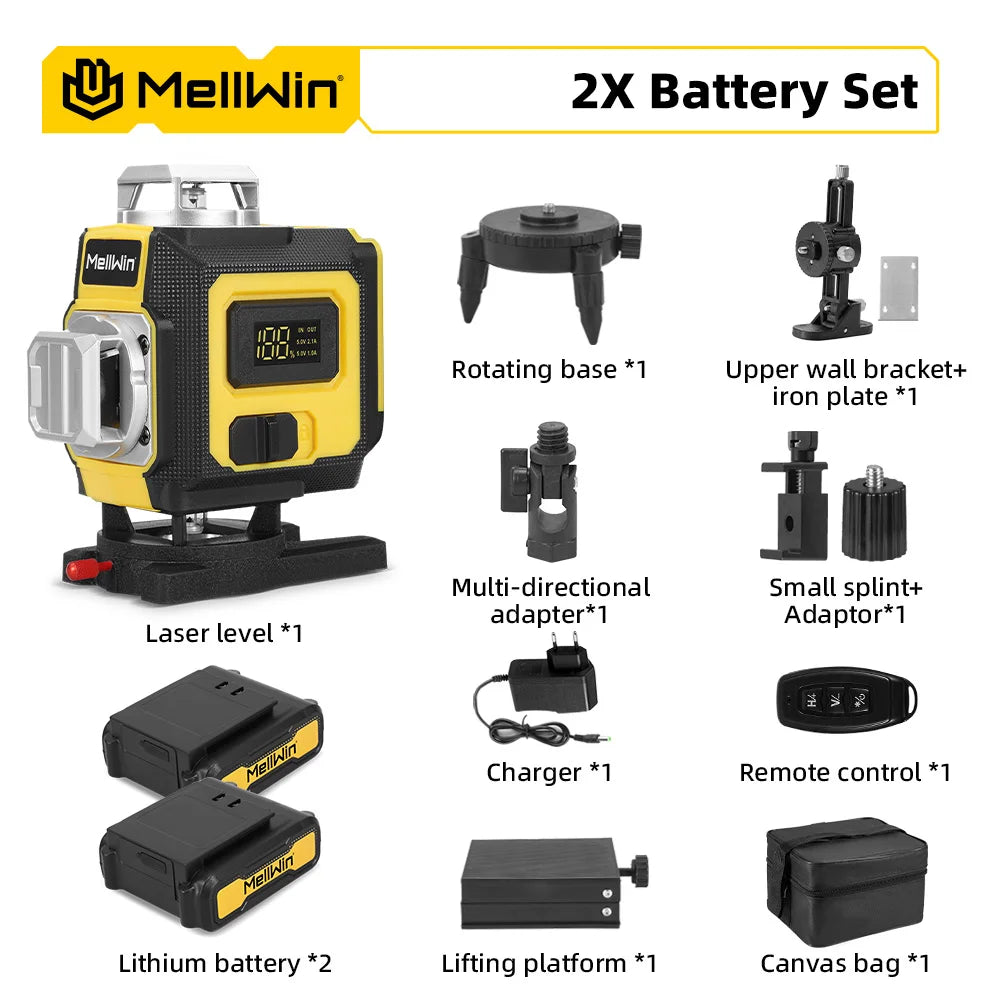 MELLWIN 16 Lines Laser Level APP Remote Control Selfleveling 360 Horizontal & Vertical Laser level With 6Ah Big Li-ion Battery - Limetastore