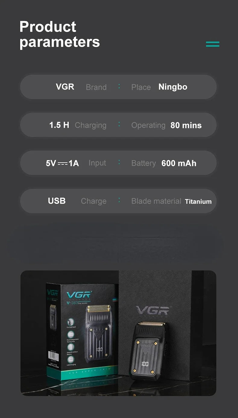 VGR V-363 profesionalni brivnik z mrežico 8000 vrt./min 80 min USB-C