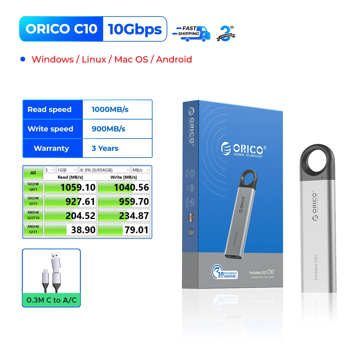ORICO 1TB External SSD Up to 1050MB/S Hanging Hole Design Portable Solid State Drive Storage PSSD for Tablets Laptops C10