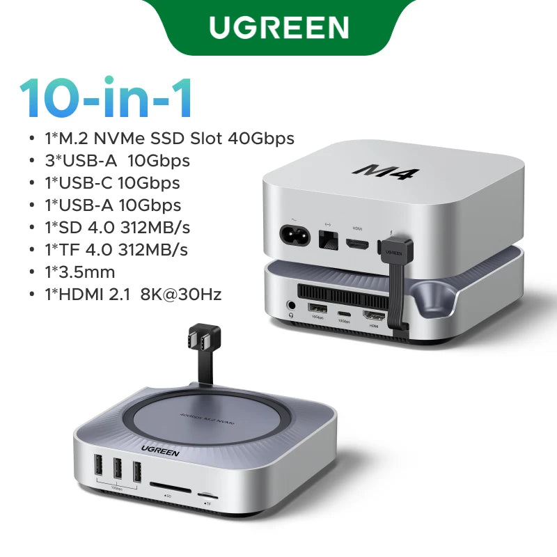 UGREEN 40Gbps Mac Mini M4 priklopna postaja z dvojnim USB-C, M.2 NVMe SSD ohišjem