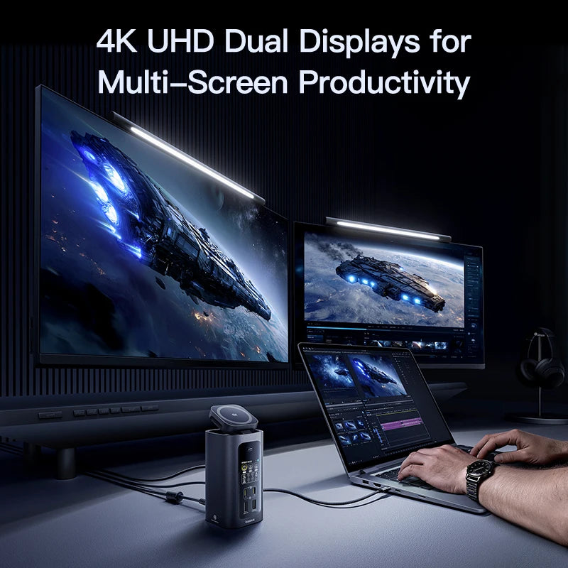 Baseus 160W 15‑v‑1 USB‑C zvezdišče | Dvojni HDMI 4K@120Hz, Qi2.2 25W brezžični polnilnik