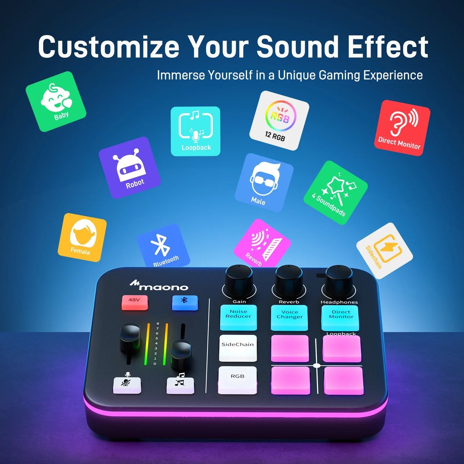 Maono G1 NEO – Igralni zvočni vmesnik | 4-kanalni mešalnik, učinki po meri, RGB osvetlitev, XLR vhod za pretakanje in podcasting