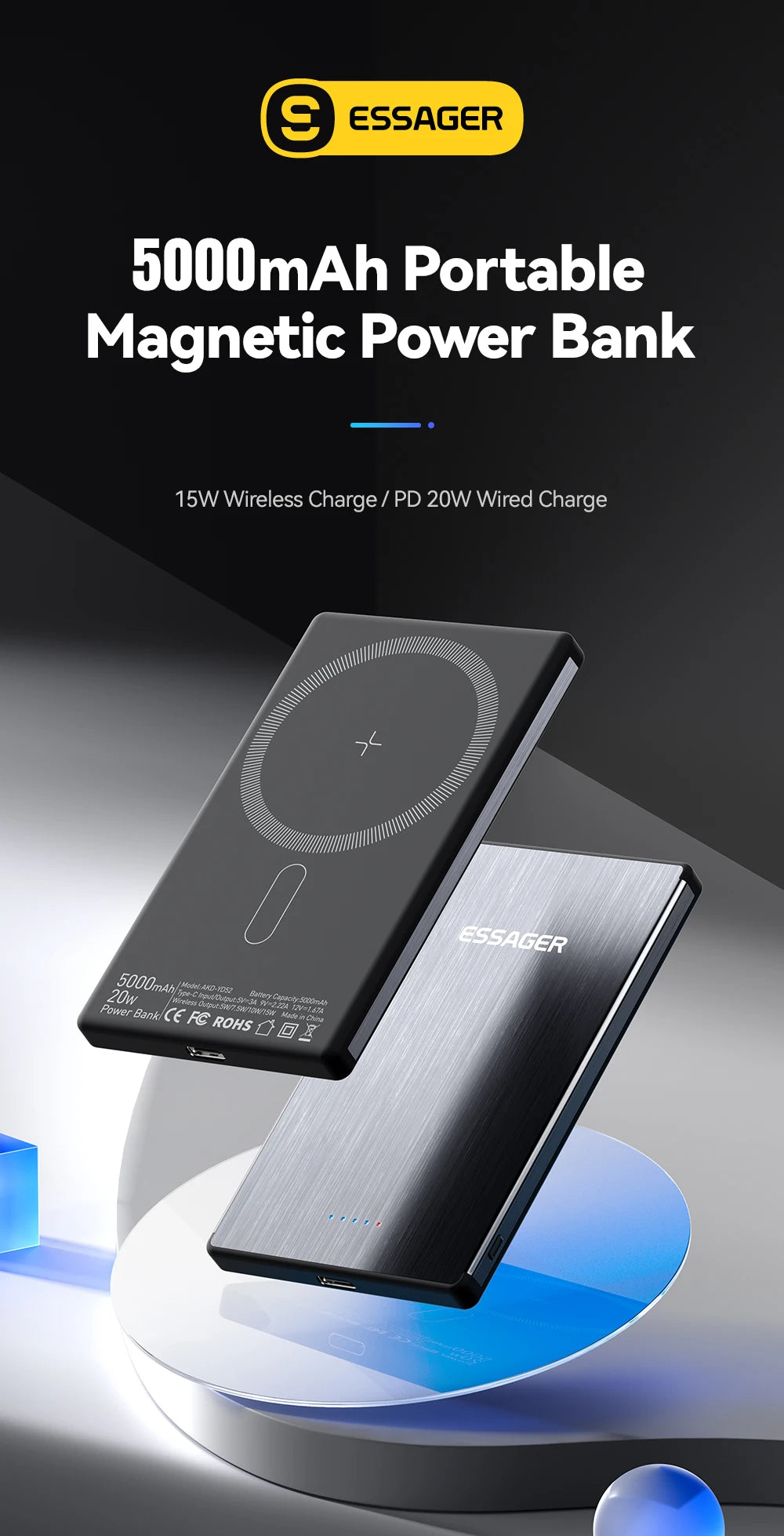 ESSAGER 20W magnetni brezžični polnilnik, 5000 mAh, tanek, MagSafe