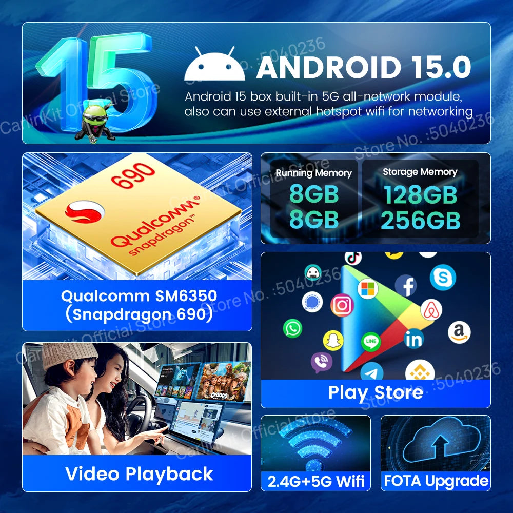 Brezžični CarPlay AI Box CarlinKit Android 15 SM6350 8+128 GB