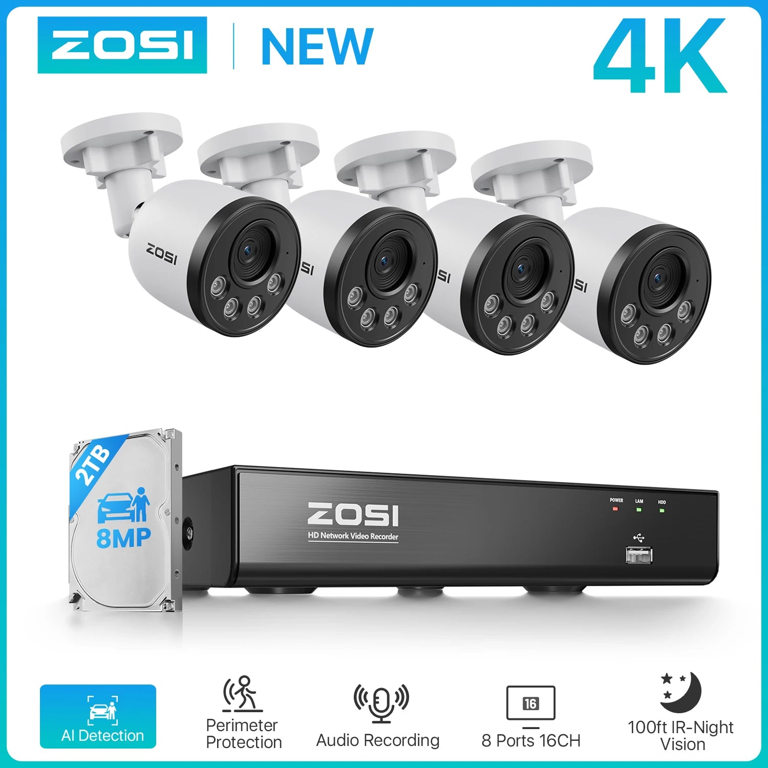 Varnostni kamerov sistem ZOSI 4K PoE NVR z 8MP vodoodpornimi žičnimi PoE kamerami H.265+ 4K/8MP 8-kanalni CCTV NVR za 24/7 nadzor doma