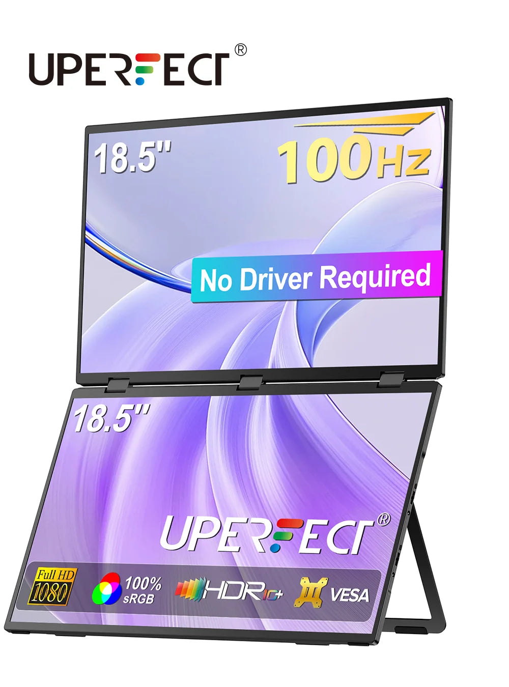 UPERFECT 100Hz Dual Screen Portable Monitor 18.5" - No Drive Required Folding Monitor with USB-C Mini HDMI for PC, Mac, Surface, Phone - Limetastore