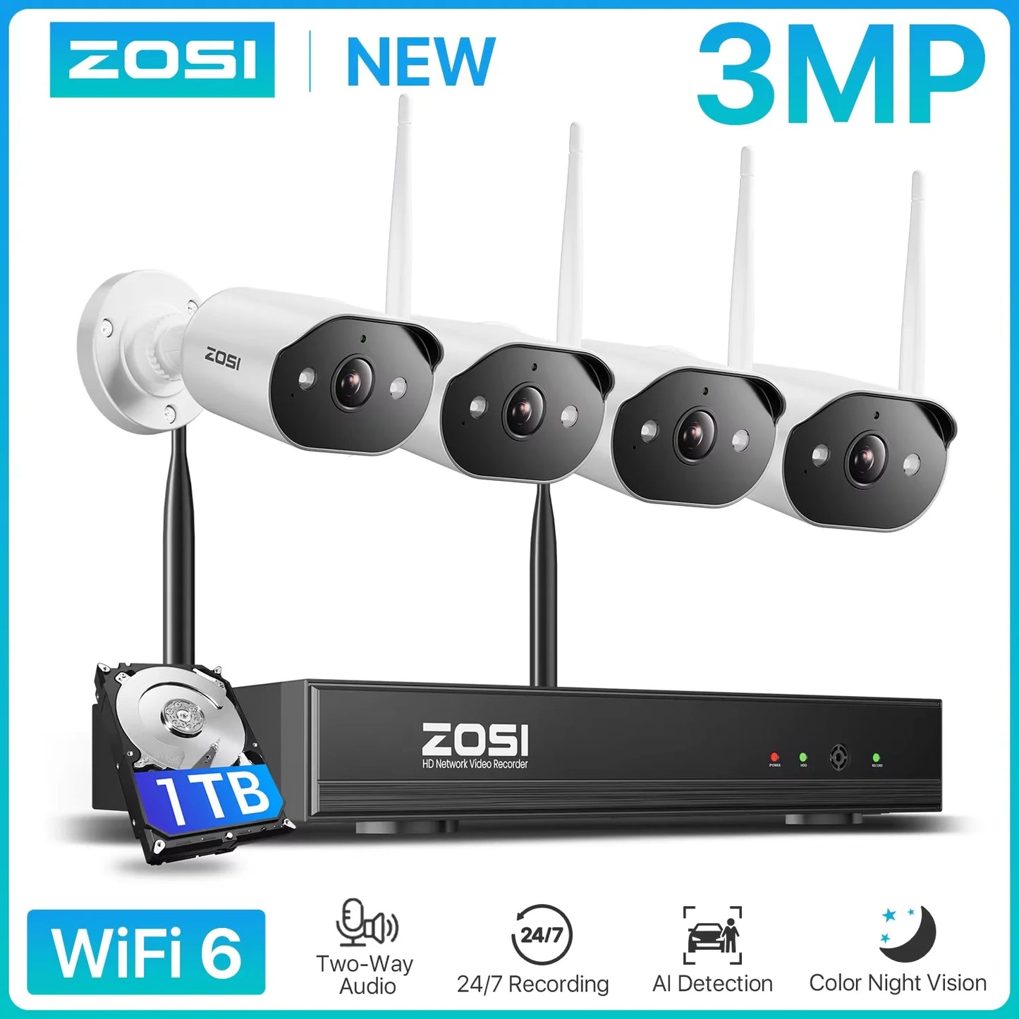 Varnostni kameri sistem Wi-Fi 6 ZOSI 2K – 3MP notranje/zunanje brezžične IP kamere z dvosmernim zvokom