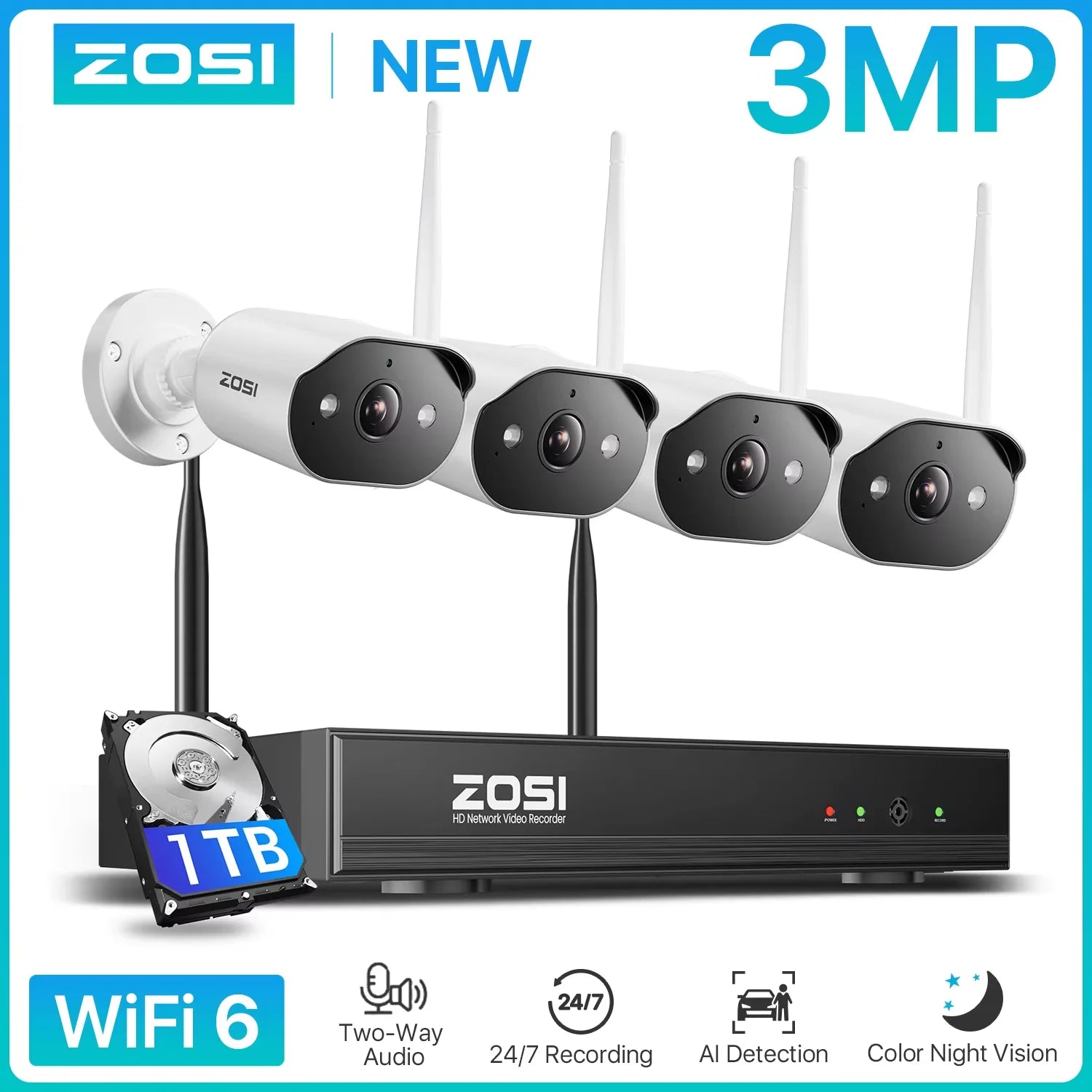 Varnostni kameri sistem Wi-Fi 6 ZOSI 2K – 3MP notranje/zunanje brezžične IP kamere z dvosmernim zvokom