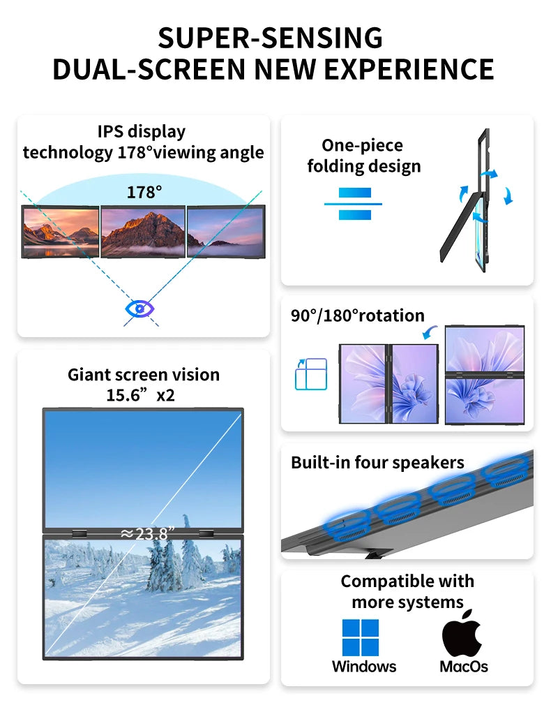 Sibolan 15.6-inch Portable Dual Screen Extender 1080p Laptop Monitor Stackable Foldable Triple Monitor (Win/Mac Compatible) - Limetastore