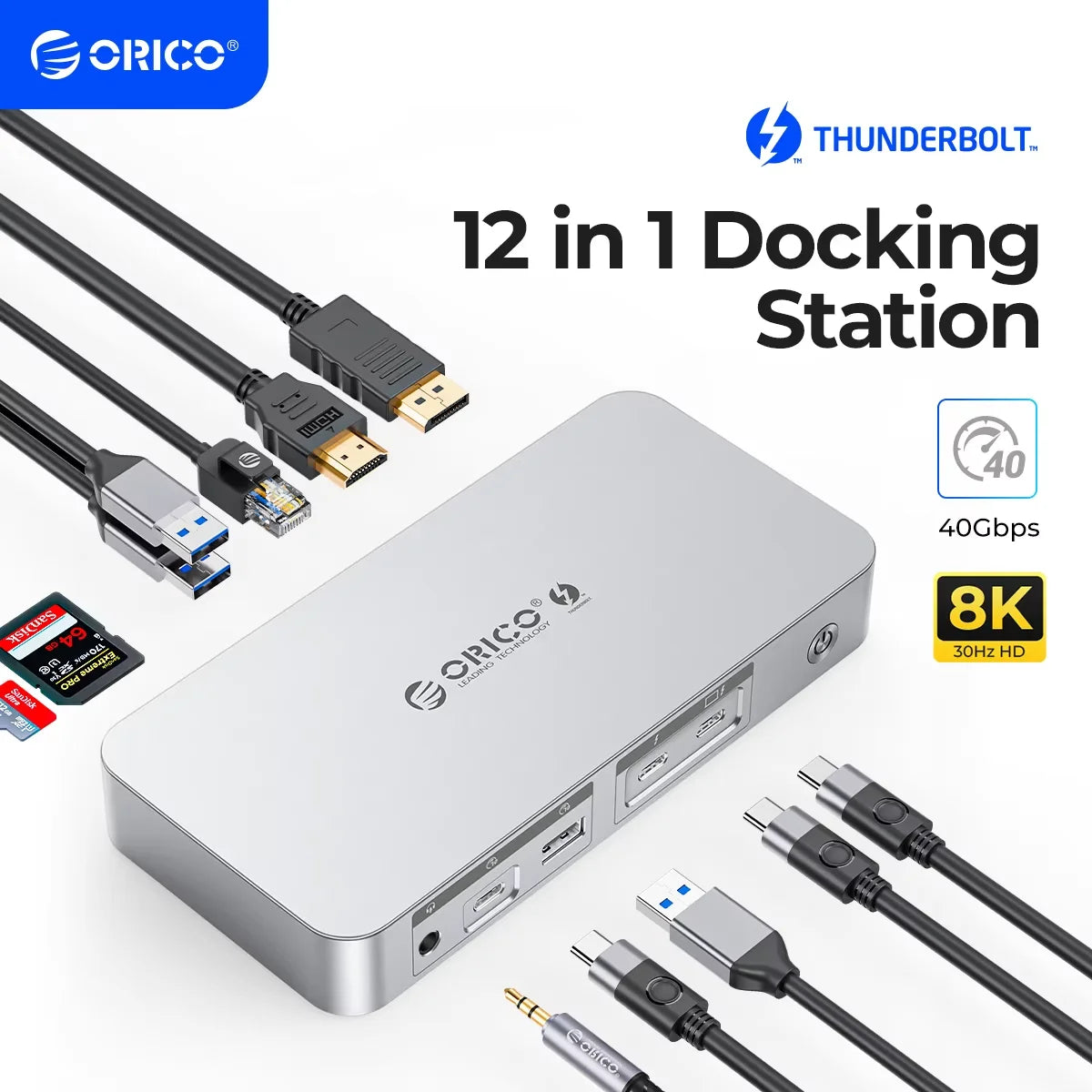 ORICO Thunderbolt 4 USB-C priklopna postaja z 8K30Hz HDMI, USB 3.2 Gen2 zvezdiščem in razdelilnikom Type-C